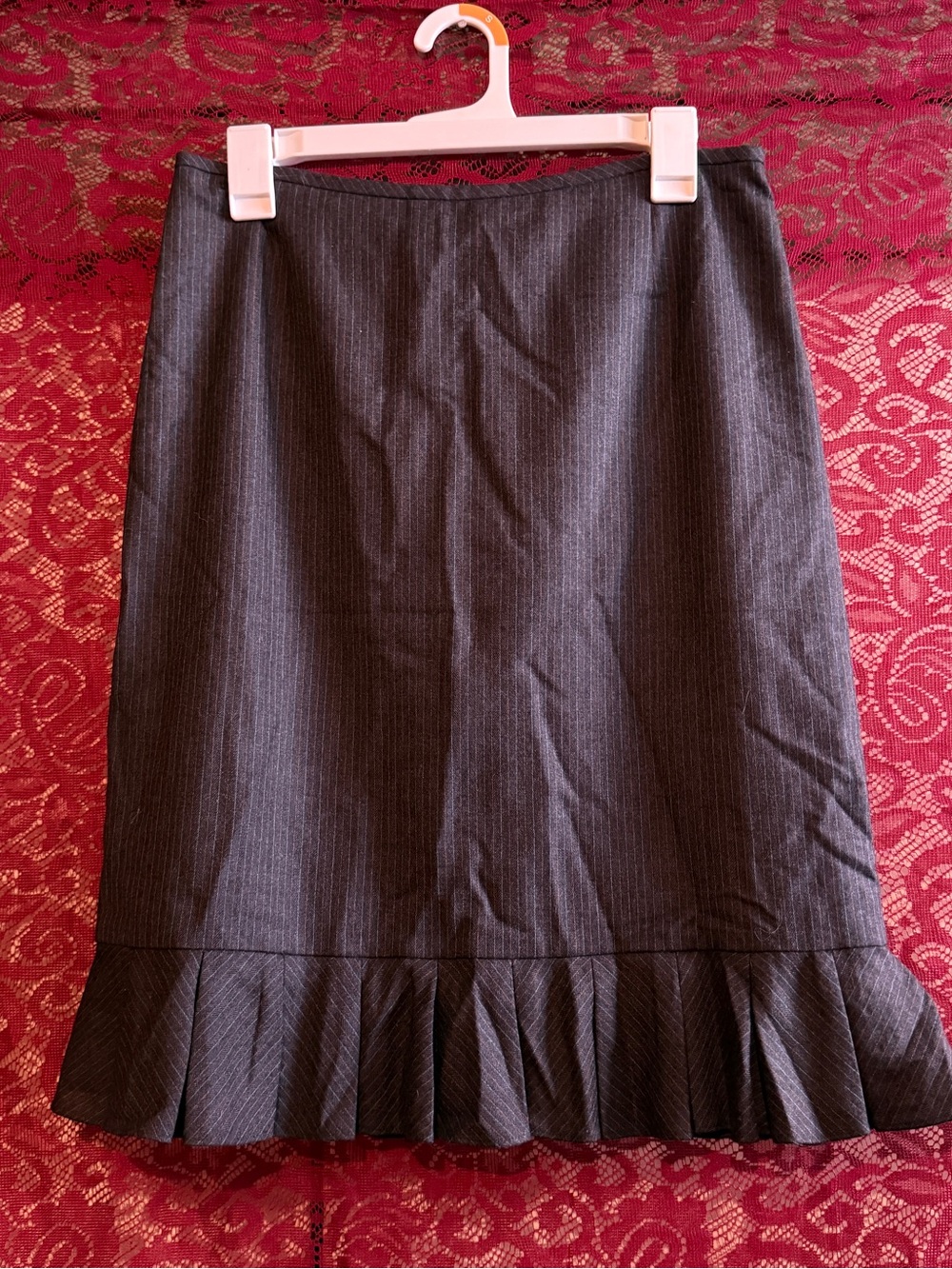 Gray Pinstripe Wool Cashmere Trumpet Midi Skirt Size 8 | Pleated Office Siren